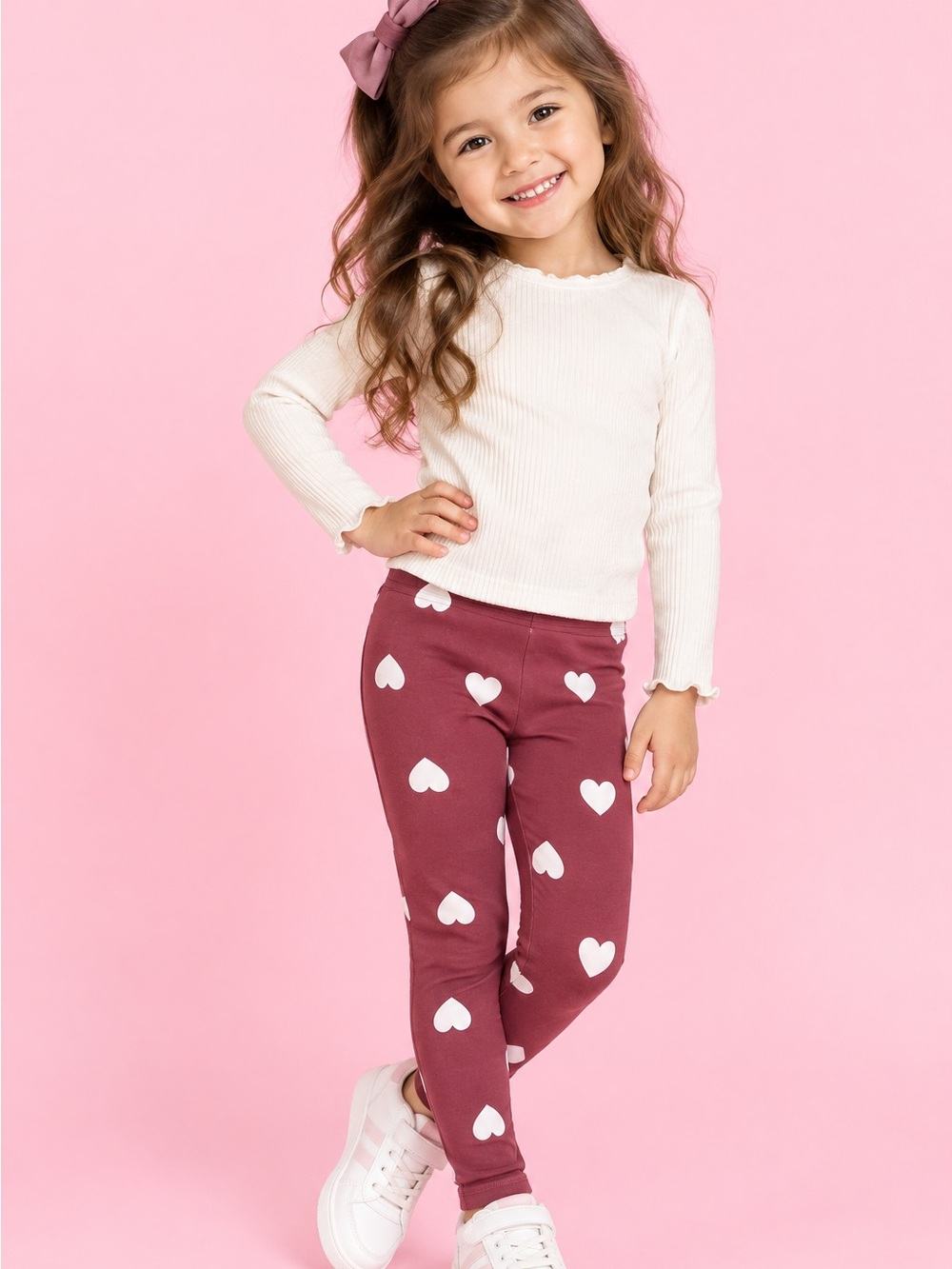 H&M Girls Burgundy Heart Print Brushed Leggings Size 6-7Y